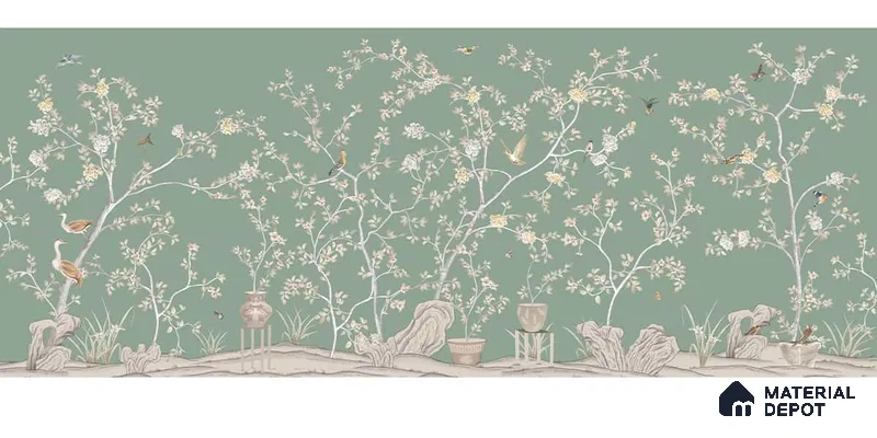 Verde Elegance, Silk Metallic Chinoiserie (Customised Wallpaper)