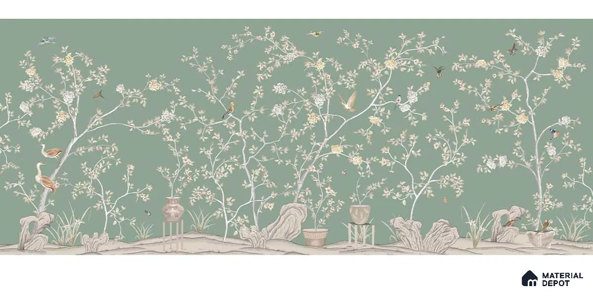 Verde Elegance, Silk Metallic Chinoiserie (Customised Wallpaper)