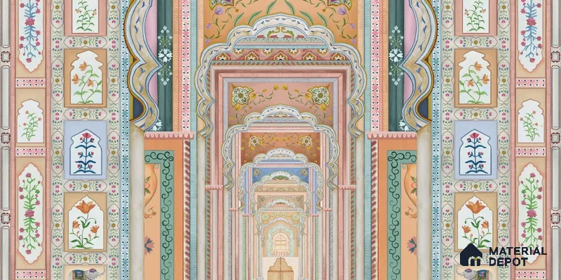 WP 03645 | Dilli Darbar | Multicolour Bright Palace Archway Traditional Look Wallpaper Canvas (Customised Size)