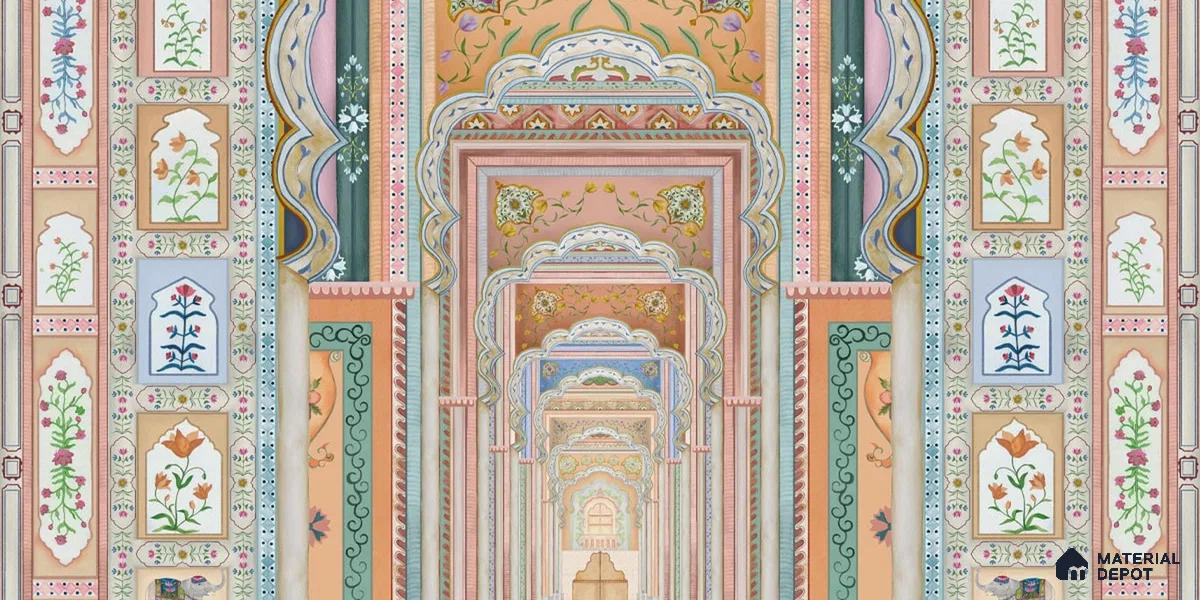 WP 03645 | Dilli Darbar | Multicolour Bright Palace Archway Traditional Look Wallpaper Canvas (Customised Size)
