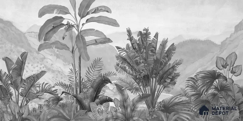 Vintage Theme Tropical Foliage, Black & White Canvas (Customised Wallpaper)