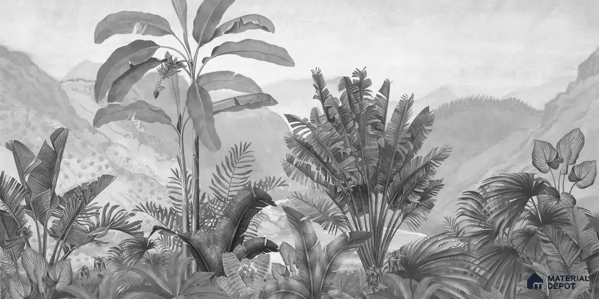 Vintage Theme Tropical Foliage, Black & White Canvas (Customised Wallpaper)