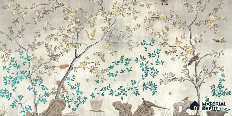 Grandeur in Silver Chinoiserie Handmade Wallpaper for Wall, Customised