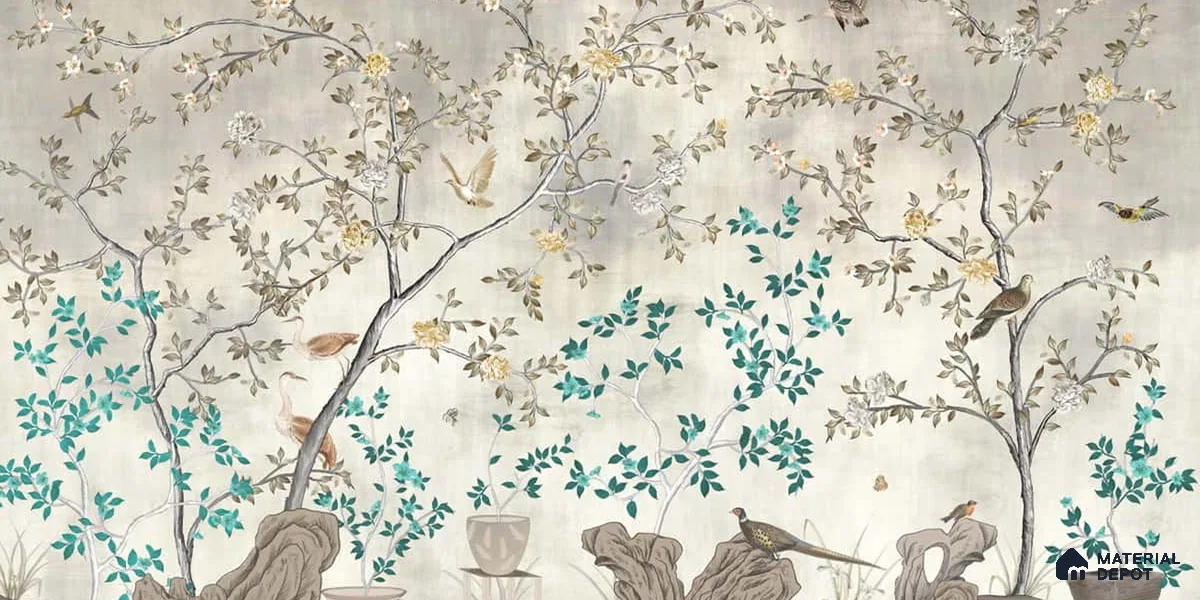 Grandeur in Silver Chinoiserie Handmade Wallpaper for Wall, Customised