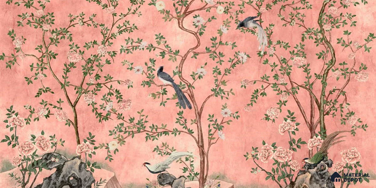 Rosa Chinoiserie Pink Color Floral Canvas Wallpaper For Room