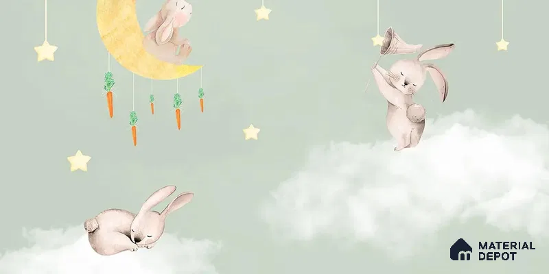 Bunnies in Sky Kids Room Wallpaper Pastel Green Handmade (Customized Size Wallpaper)