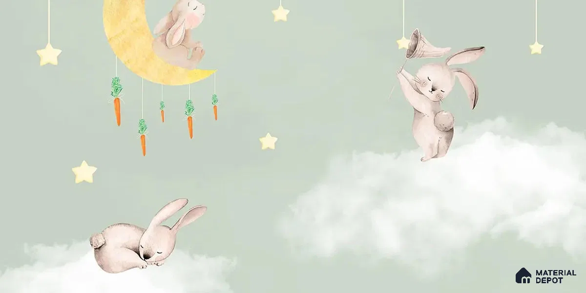 Bunnies in Sky Kids Room Wallpaper Pastel Green Handmade (Customized Size Wallpaper)