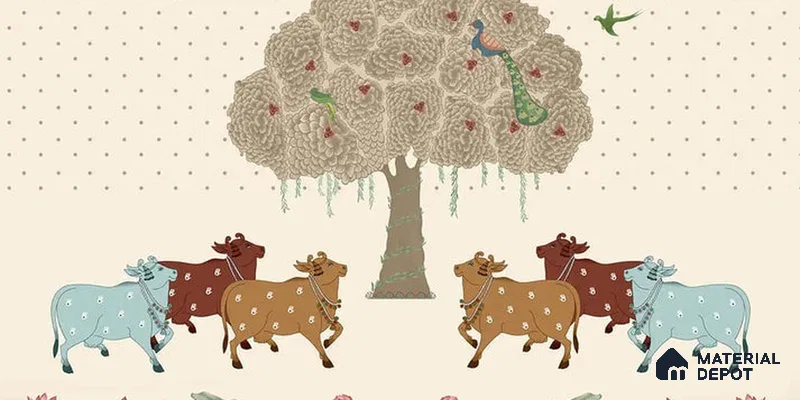 Sacred Grove Pichwai Pooja and Living Room Wallpaper Handmade (Customized Size Wallpaper)