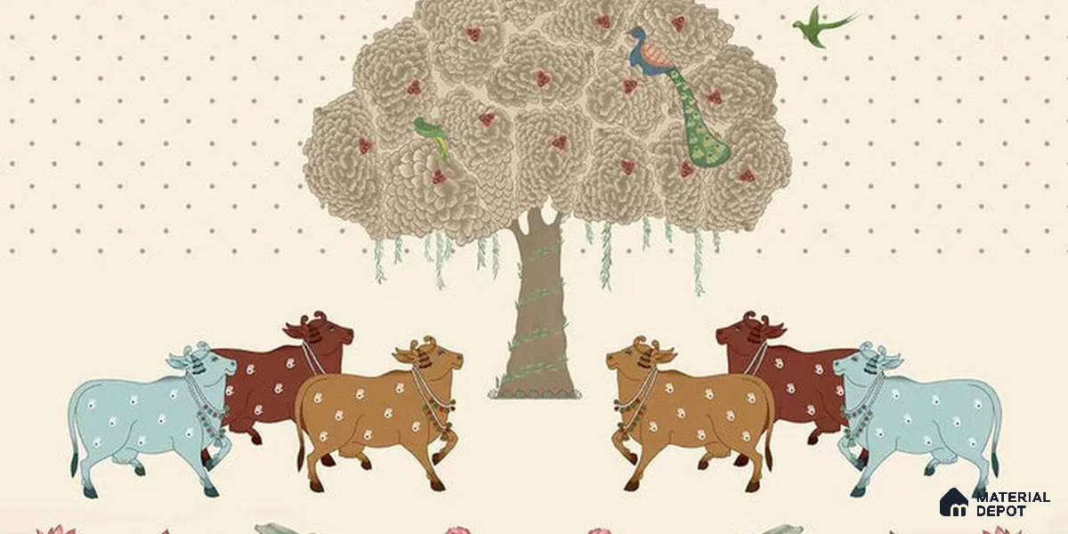 Sacred Grove Pichwai Pooja and Living Room Wallpaper Handmade (Customized Size Wallpaper)