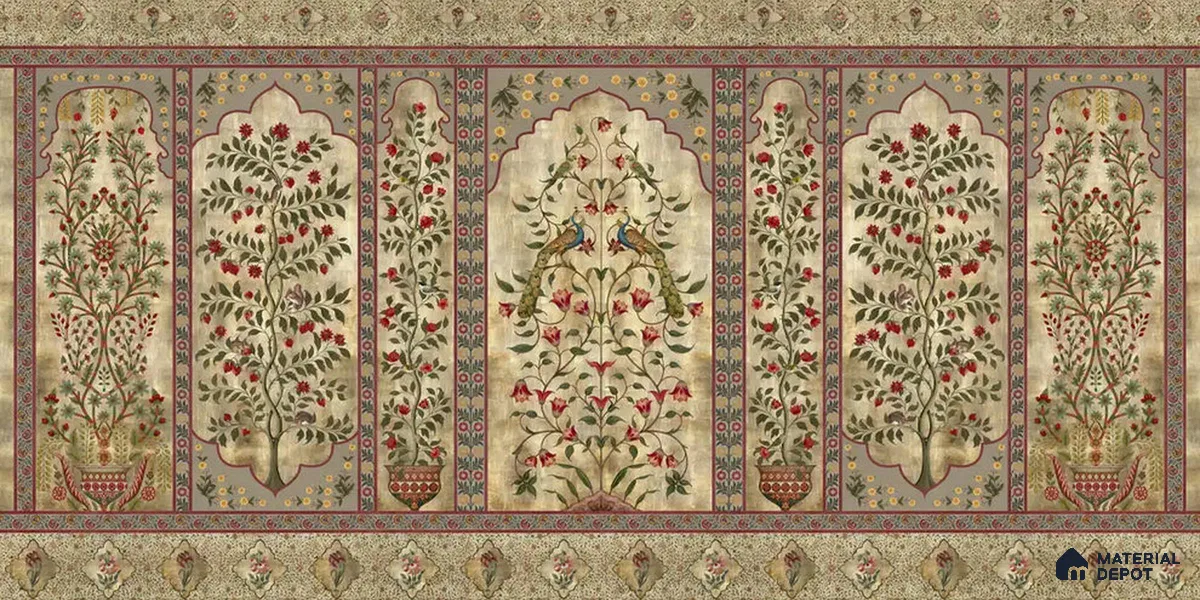 Madhuban Indian Floral Jharoka Sandstone Wallpaper in Suneherii Collection Golden (Customized Size Wallpaper)