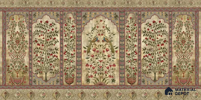 Madhuban Indian Floral Jharoka Canvas Wallpaper in Suneherii Collection Golden (Customized Size Wallpaper)
