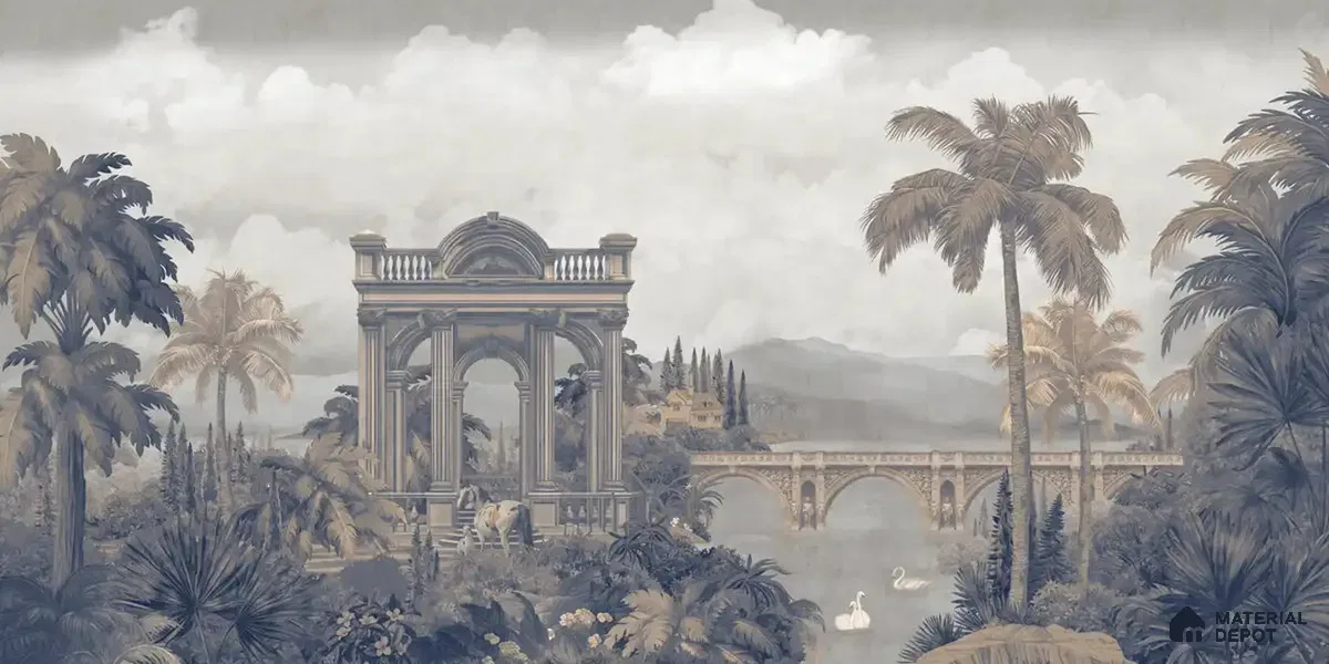 Majestic Foliage Epoch Customised Wallpaper Blue & Sepia