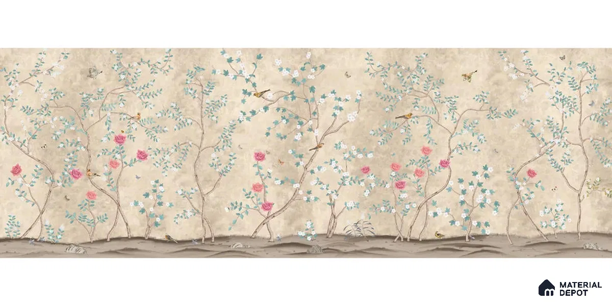 Sunset Serenade, Beige & Teal Chinoiserie Handmade Wallpaper Design