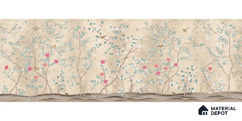 Sunset Serenade, Beige & Teal Chinoiserie Canvas Wallpaper Design