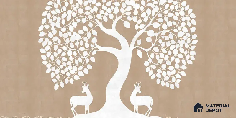 Beige Pichwai Tree of Life Canvas Wallpaper for Pooja and Living Rooms