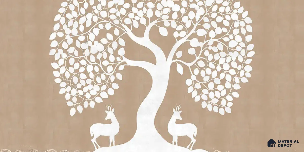 Beige Pichwai Tree of Life Canvas Wallpaper for Pooja and Living Rooms
