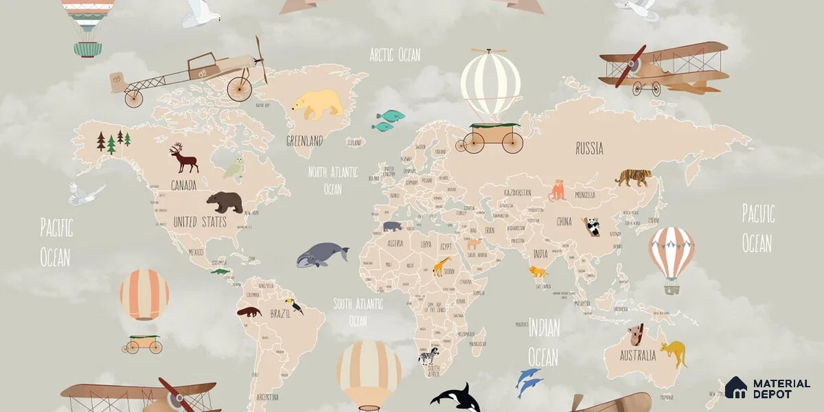 Pastel Kids Bedroom Customised Handmade Wallpaper of World Map