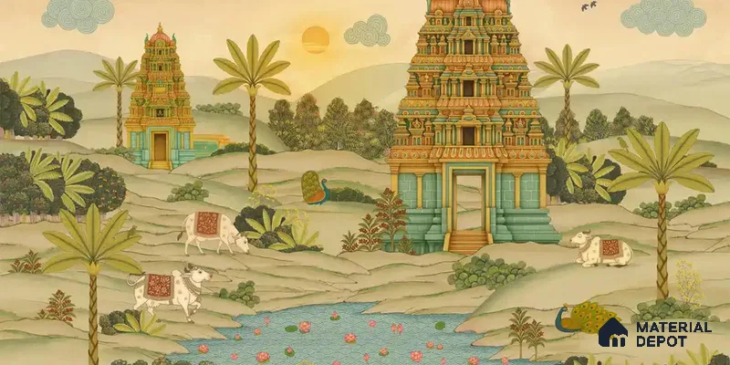 Gopuram Vatika Handmade Wallpaper in South Indian Style, Customised