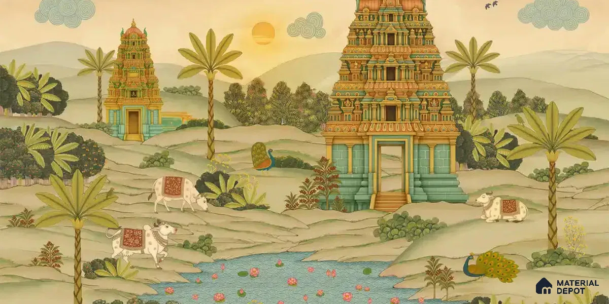 Gopuram Vatika Sandstone Wallpaper in South Indian Style, Customised