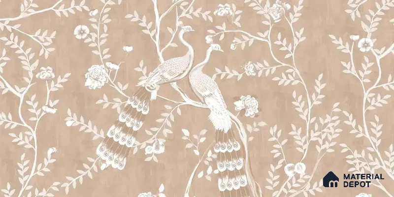 Morni, Peacock Chinoiserie Handmade Wallpaper, Clay Beige Customised Wallpaper