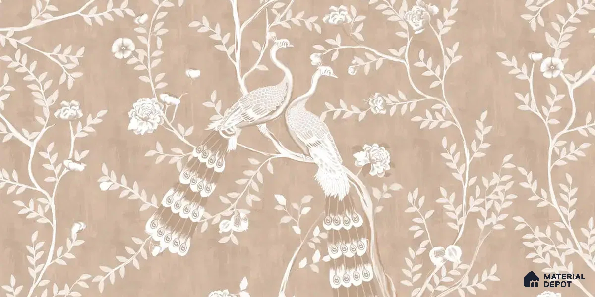 Morni, Peacock Chinoiserie Handmade Wallpaper, Clay Beige Customised Wallpaper