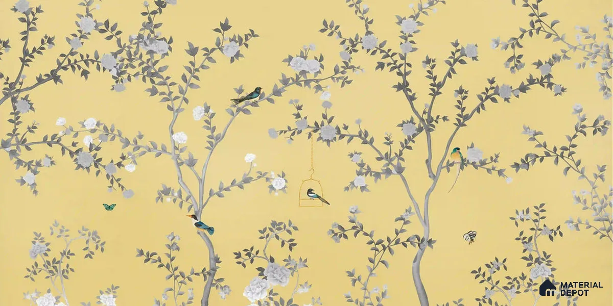 Aura in the Garden, Yellow Chinoiserie Handmade Wallpaper