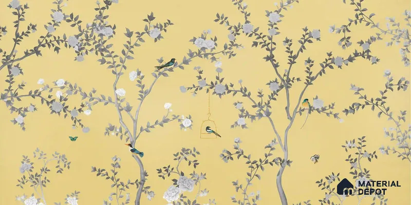 Aura in the Garden, Yellow Chinoiserie Sandstone Wallpaper
