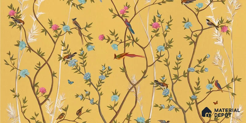 700211 - Yellow Chinoiserie Wallpaper with Flowers and Birds, Customised Sparkla N Shine Series Soft Feel Chinoserie Design (Customised Size Wallpaper)