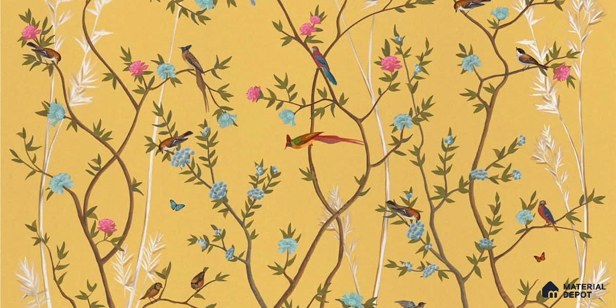 700211 - Yellow Chinoiserie Wallpaper with Flowers and Birds, Customised Sparkla N Shine Series Soft Feel Chinoserie Design (Customised Size Wallpaper)