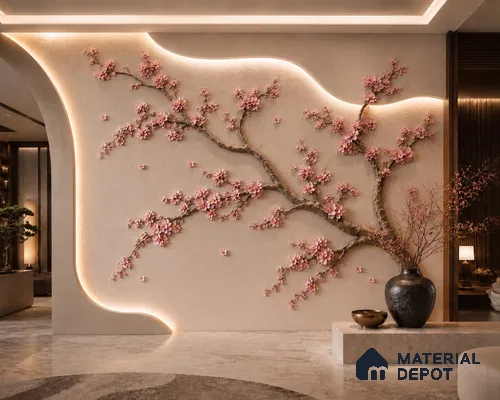 Cherry Blossom Carved 8 ft x 5.5 ft CNC Made HDHMR Panel - 30 mm