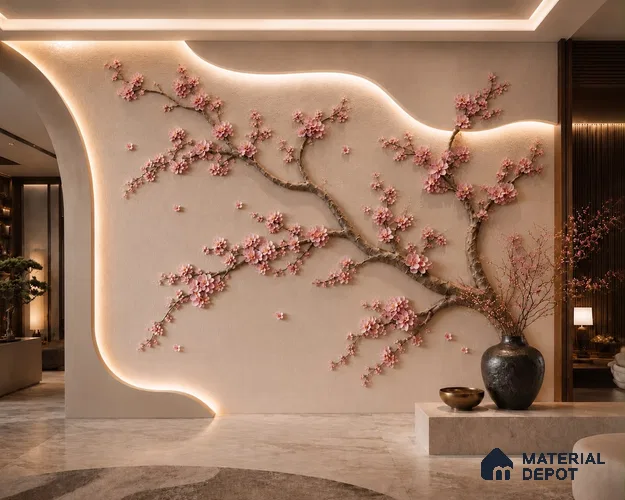 Cherry Blossom Carved 8 ft x 5.5 ft CNC Made HDHMR Panel - 30 mm