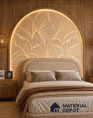Ivory Tropical Leaf Carved 7 ft x 6.3 ft CNC Made HDHMR Panel - 25 mm