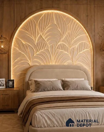 Ivory Tropical Leaf Carved 7 ft x 6.3 ft CNC Made HDHMR Panel - 25 mm