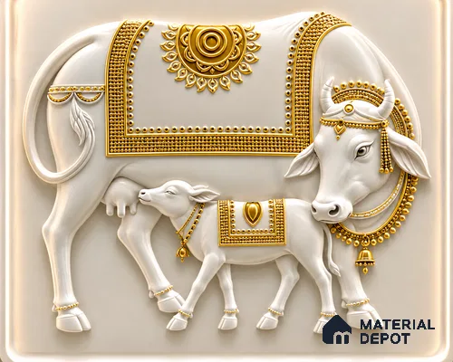 Golden Gau Mata & Calf Decorative Wall 5 ft x 7 ft CNC Made HDHMR Panel - 50 mm