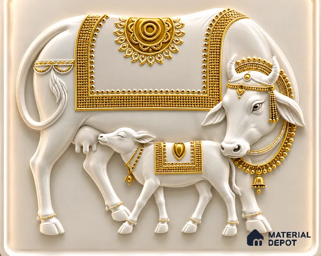 Golden Gau Mata & Calf Decorative Wall 5 ft x 7 ft CNC Made HDHMR Panel - 50 mm