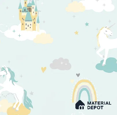 5148-1 | Mint Green Castle & Unicorn PVC Patterned Wallpaper - 5 Meter x 42 Inch, 57 Sq. Ft. (Min. 15% Wastage)