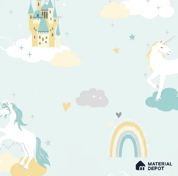 5148-1 | Mint Green Castle & Unicorn PVC Patterned Wallpaper - 5 Meter x 42 Inch, 57 Sq. Ft. (Min. 15% Wastage)