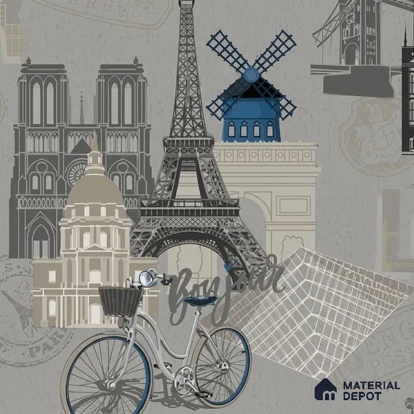 5129-2 | Charcoal Grey Paris Landmarks PVC Patterned Wallpaper - 5 Meter x 42 Inch, 57 Sq. Ft. (Min. 15% Wastage)