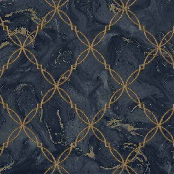 88499-3 | Navy & Gold Circle Lattice PVC Patterned Wallpaper - 5 Meter x 42 Inch, 57 Sq. Ft. (Min. 15% Wastage)