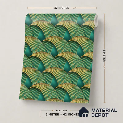 TC 701 | Green & Gold Scallop Fan Patterned Wallpaper - 5 Meter x 42 Inch, 57 Sq. Ft.