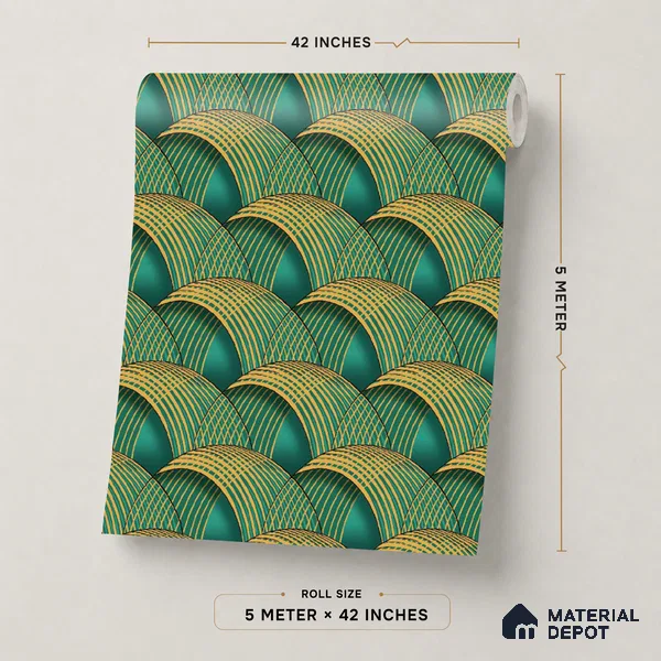 TC 701 | Green & Gold Scallop Fan Patterned Wallpaper - 5 Meter x 42 Inch, 57 Sq. Ft.