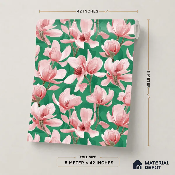 TC 708 | Green Magnolia Bloom Floral Wallpaper - 5 Meter x 42 Inch, 57 Sq. Ft.