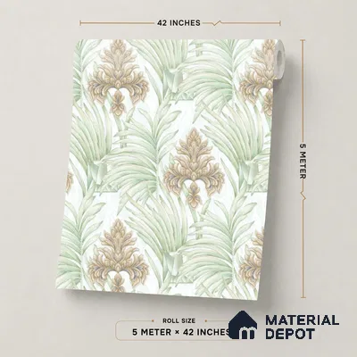 TC 726 | Mint Green Palm Damask Floral Wallpaper - 5 Meter x 42 Inch, 57 Sq. Ft.