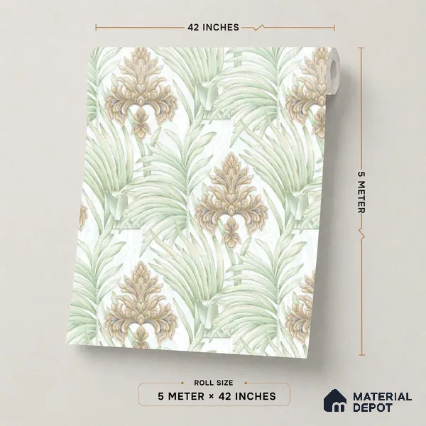 TC 726 | Mint Green Palm Damask Floral Wallpaper - 5 Meter x 42 Inch, 57 Sq. Ft.