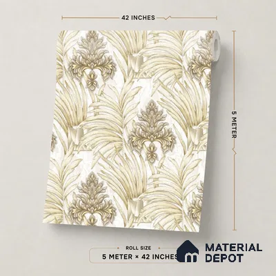TC 729 | Cream Gold Palm Damask Floral Wallpaper - 5 Meter x 42 Inch, 57 Sq. Ft.