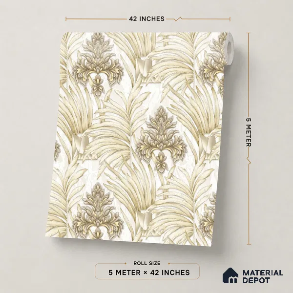 TC 729 | Cream Gold Palm Damask Floral Wallpaper - 5 Meter x 42 Inch, 57 Sq. Ft.