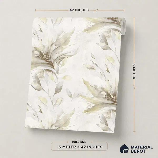 TC 794 | Cream Olive Lily Leaves Floral Wallpaper - 5 Meter x 42 Inch, 57 Sq. Ft.