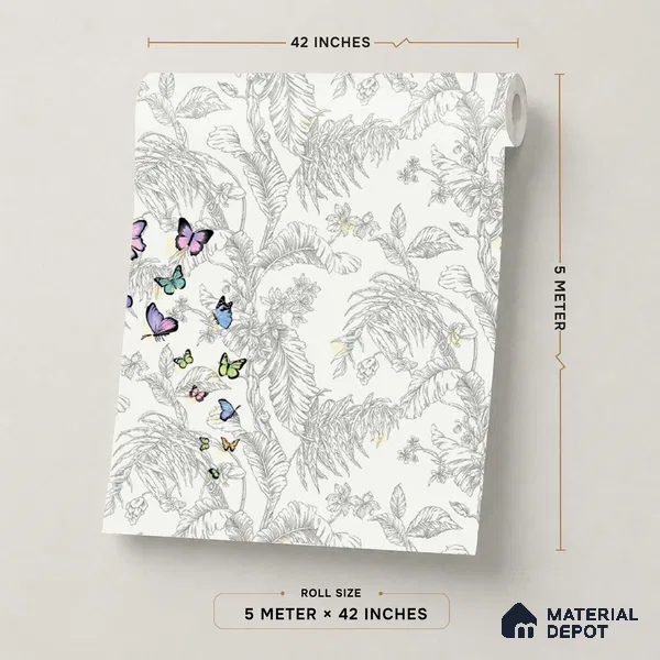 TC 798 | Grey Pastel Butterfly Fern Floral Wallpaper - 5 Meter x 42 Inch, 57 Sq. Ft.