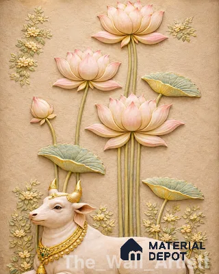 Lotus Nandi Divine Wall Mural 3 ft x 2.5 ft CNC Made HDHMR Panel - 40 mm