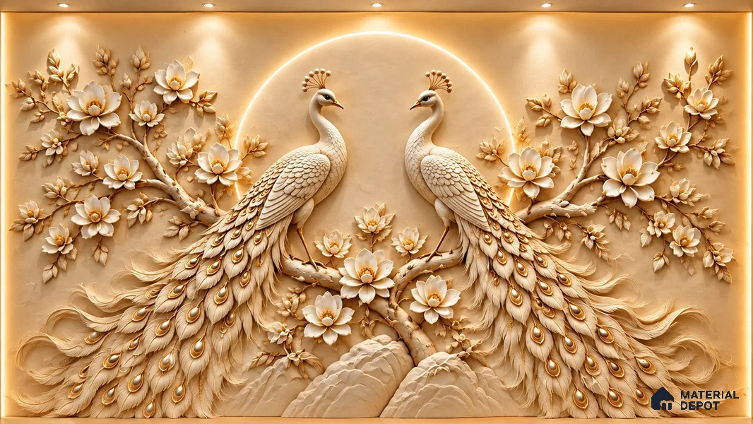 Peacock Floral wall 5 ft x 10 ft CNC Made HDHMR Panel - 50 mm